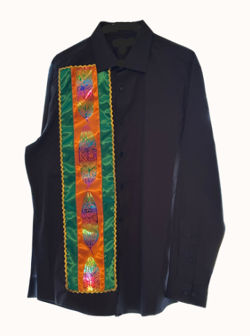 Feather Design Ribbon Shirt - Orange and Green