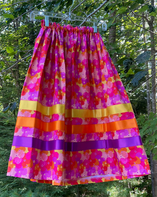 Yellow, Orange, Purple on Pink Floral Skirt Midsize