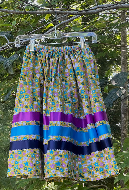 Mauve, Turquoise and White Flowers on Mustard Yellow Skirt Midsize