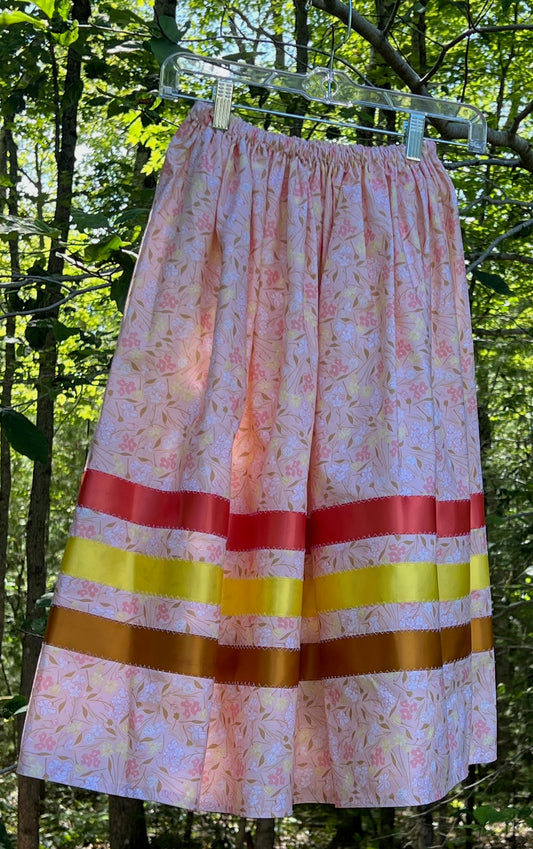 Pale Pink & Yellow Flowers on Peach Skirt Midsize