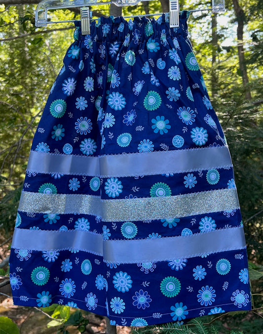 Blue & Sage Green Ribbons on Blue Floral SILVER BLING Ribbon Skirt Little