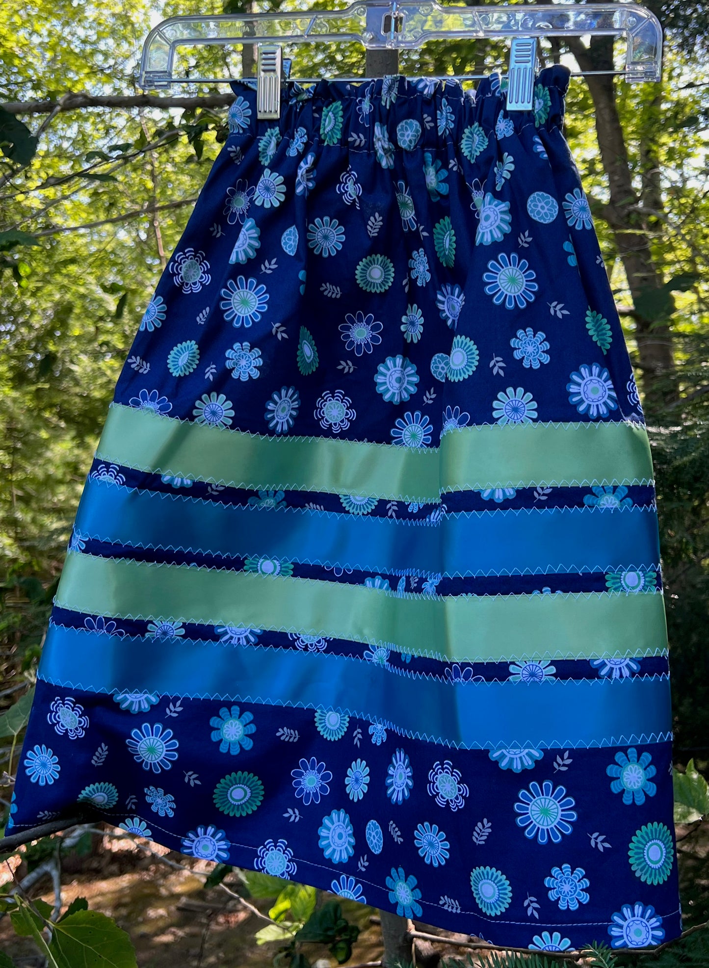 Blue & Sage Green Ribbons on Blue Floral Skirt Little