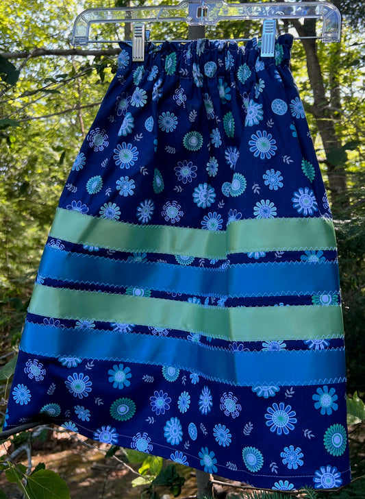 Blue & Sage Green Ribbons on Blue Floral Skirt Little