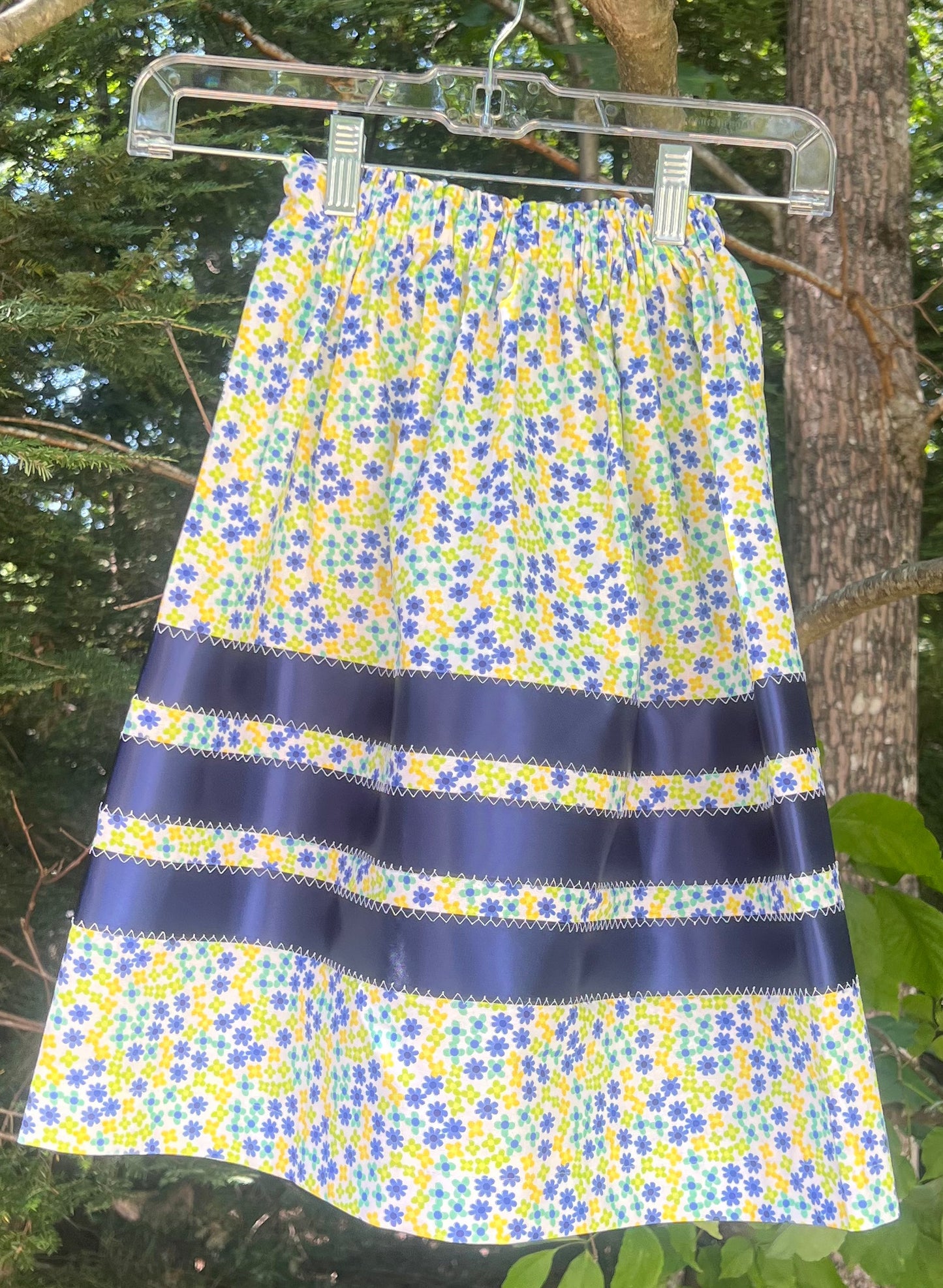 Yellow & Blue Flowers on White Skirt SOLID BLUE Little