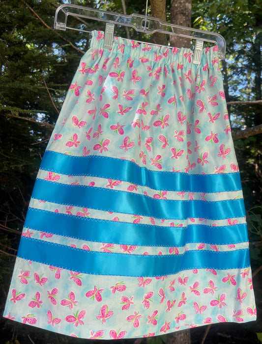 Pink Butterflies on Soft Blue Skirt SOLID TURQUOISE Ribbons Little