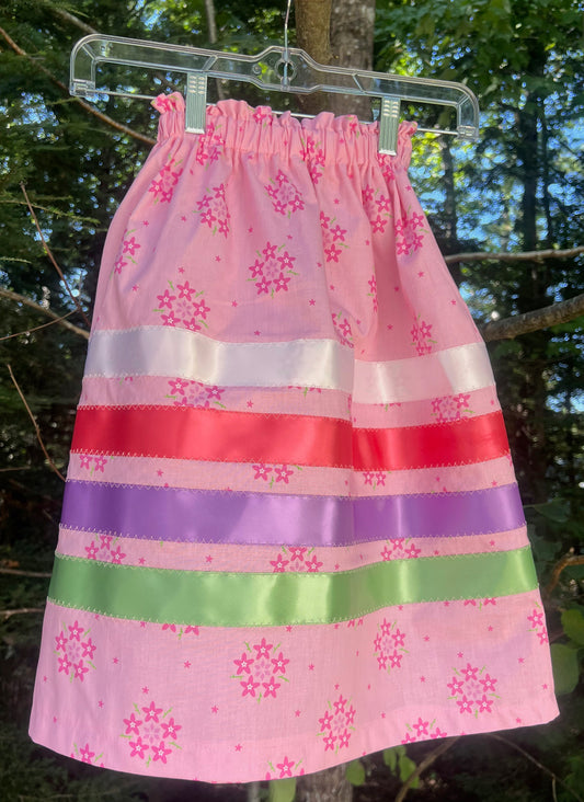 Pink Flower w/ MULTI COLORED Ribbons Skirt Little