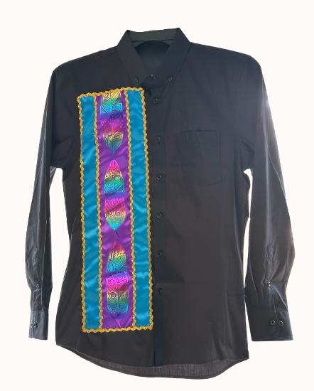 Feather Design Ribbon Shirt - Teal and Purple