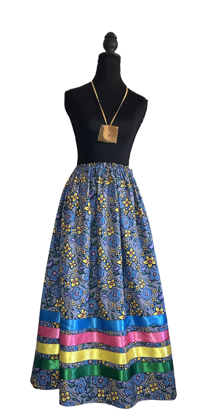 Gray Yellow Blue Floral Print Ribbon Skirt